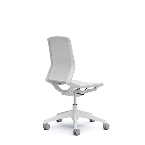 An armless white work chair with adjustable seat angle